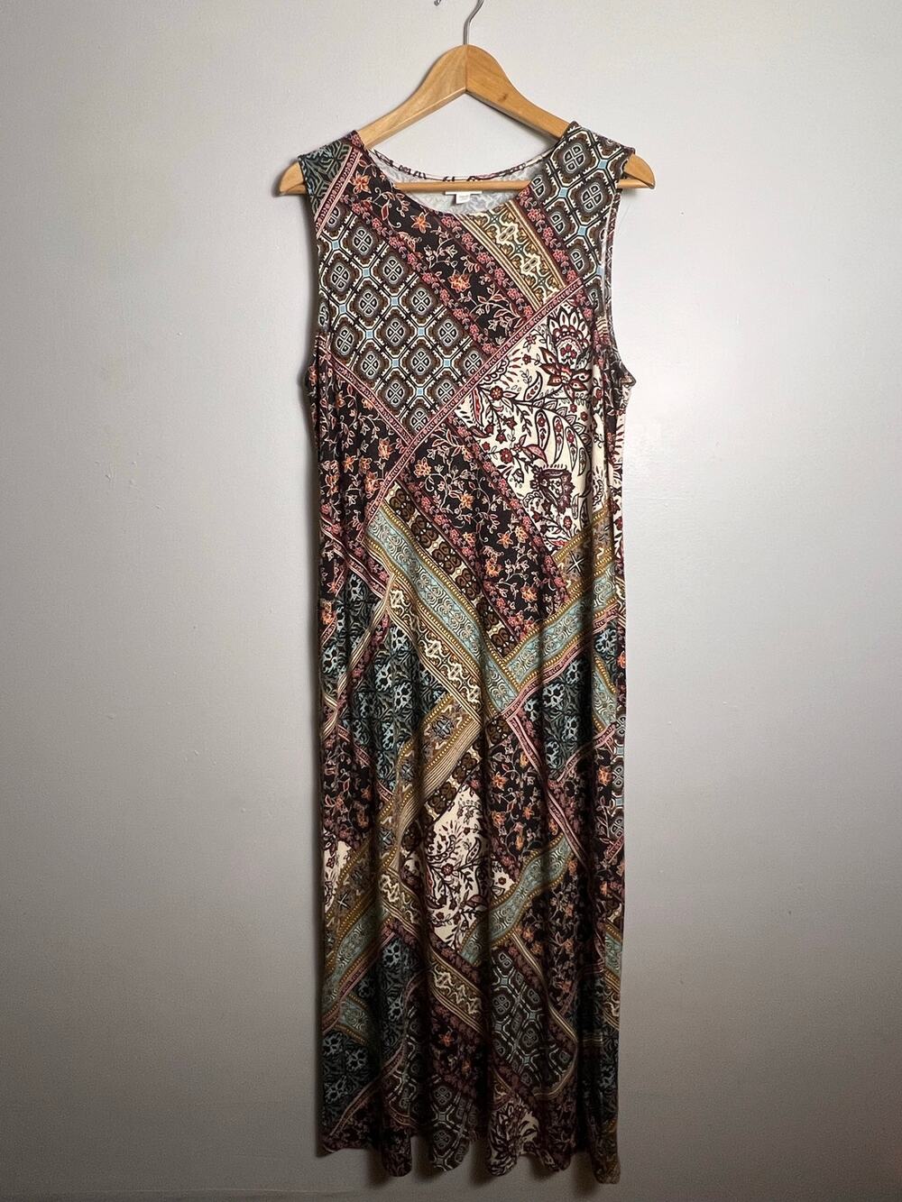 J JILL Womens Boho Patchwork Floral Maxi Dress Sz M Pockets Stretch Knit Cottage